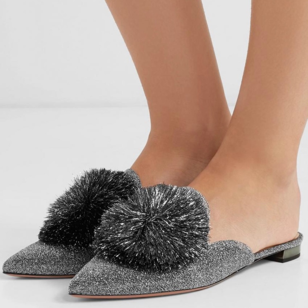 Aquazzura Powder Puff Pompom metallic silver lurex flat mules slippers size 36 - Picture 2 of 16